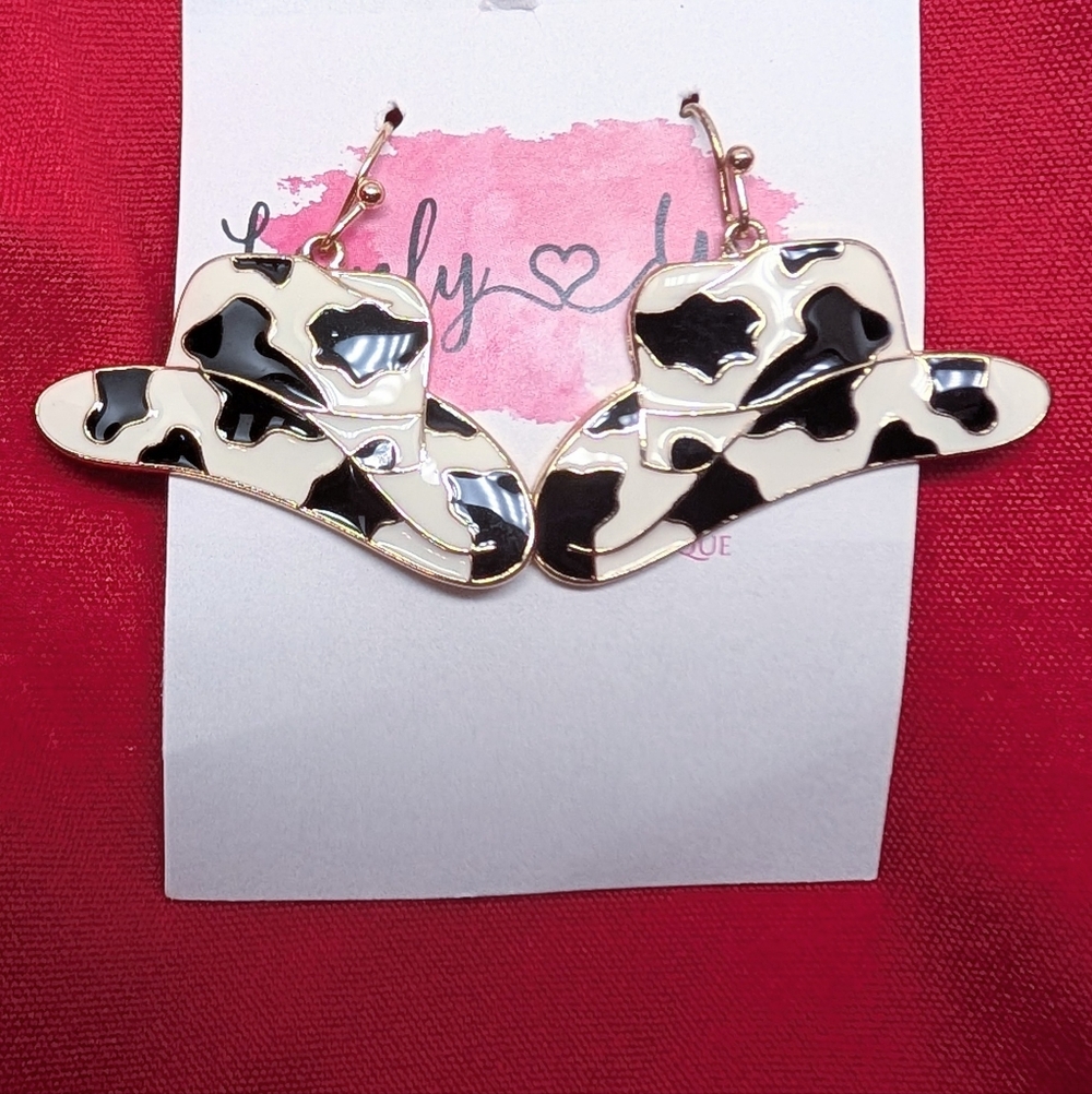 Cow Print Cowgirl Hat Earrings | Western Statement Dangle Earrings
